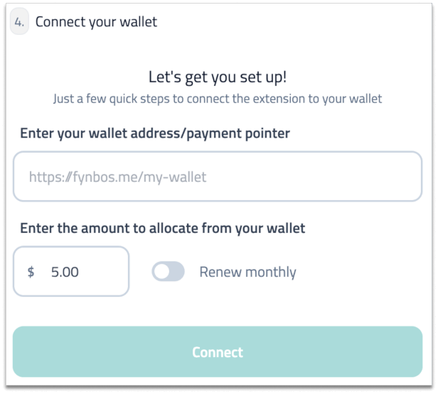 A screenshot showing a configuration step for the Web Monetization extension.