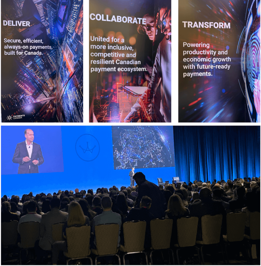 A composite image featuring four photos: the top row displays three posters from the 2025 Payments Canada Summit, each showcasing an event theme; the bottom row shows an audience seated and attentively watching a speaker on stage during the summit.